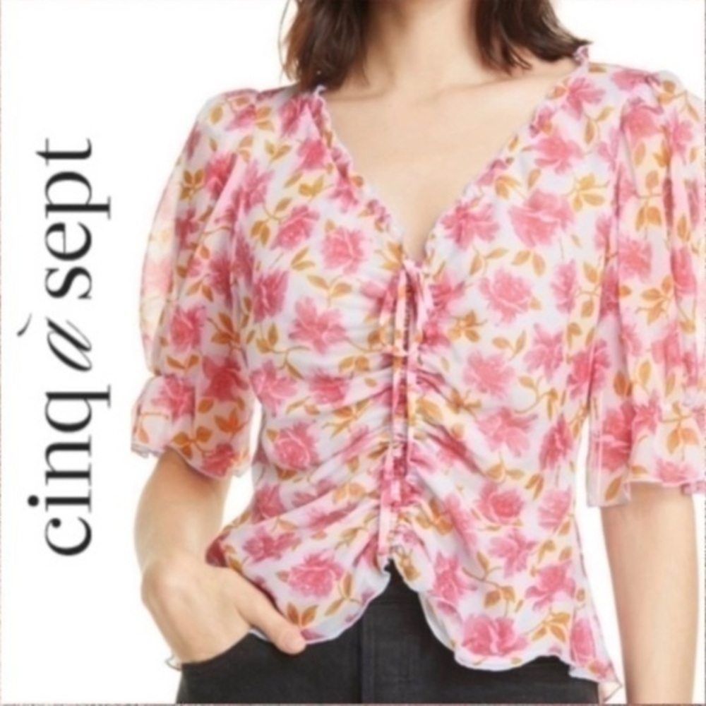 Cinq á Sept Blue Ruched Puff Sleeve Kimberly Top Ocean Mist Multi small NWT